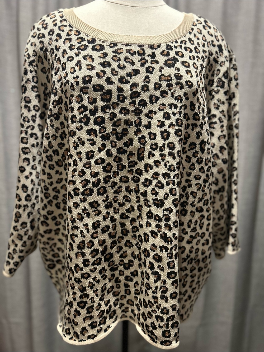 Vince Camuto Beige, Black and Brown Leopard Print Scoop Neck Sweater
